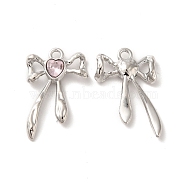Rack Plating Alloy Charms, with Glass, Nickel Free, Bowknot with Heart Charms, Platinum, Pink, 25x16x3.5mm, Hole: 1.8mm(PALLOY-O106-10P-01)