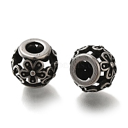 304 Stainless Steel European Beads, Large Hole Beads, Rondelle with Flower, Antique Silver, 10.5x9.5mm, Hole: 4.5mm(STAS-D191-11A-AS)