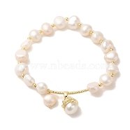 Natural Pearl & Brass Tube Stretch Bracelets, with Teardrop Charms, Real 14K Gold Plated, Inner Diameter: 2 inch(5.1cm)(BJEW-C051-08G)