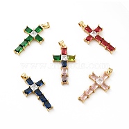 Rack Plating Brass Micro Pave Cubic Zirconia Pendants, Long-Lasting Plated, Lead Free & Cadmium Free, Cross, Real 18K Gold Plated, Religion, Mixed Color, 34x18.5x5mm, Hole: 3.5x4mm(ZIRC-F129-31-G)