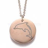 304 Stainless Steel Pendant Necklaces, with Lobster Claw Clasps, Flat Round with Dolphin, Rose Gold, 17-1/2 inch(44.5cm)(NJEW-Z006-01RG)
