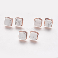 Natural Howlite Stud Earrings, with Brass Findings, Real Rose Gold Plated, Square, 12x12x4.5~6mm, Pin: 1mm(EJEW-F139-A07)