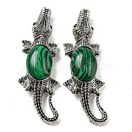 Dual-use Items Alloy Crocodile Brooch, with Synthetic Malachite, Antique Silver, 67.5x24x10mm, hole: 4x3.5mm(JEWB-C026-01H-AS)