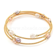 Four-Loops Brass & Natural Freshwater Pearl Beaded Wrap Bracelets for Women, Golden, Inner Diameter: 1-7/8 inch(4.8cm)(BJEW-F470-02G)