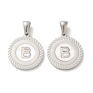 304 Stainless Steel Pendants, Flat Round Shell Charms with Letter, Stainless Steel Color, Letter B, 20.5x17.5x1.5mm, Hole: 2.5x4.5mm(STAS-I204-B-P)
