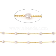 Handmade Brass Beaded Chains, with CCB Plastic Imitation Pearl Beads & Spool, Soldered, Long-Lasting Plated, Heart, White, Real 18K Gold Plated, Heart: 6x6.5x4mm, Link: 2x1x0.6mm, about 32.8 Feet(10m)/roll(CHC-F011-07-G)