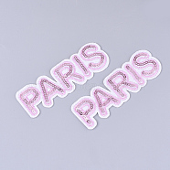 Computerized Embroidery Cloth Iron on/Sew on Patches, with Paillette/Sequins, Appliques, Costume Accessories, Word Paris, Pearl Pink, 33x101x1.5mm(X-FIND-T030-298)