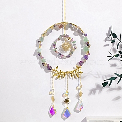 Wire Wrapped Natural Fluorite Chips Ring Pendant Decoration, Hanging Suncatchers, with Metal Sun Link and Glass Leaf Charm, for Home Decoration, 440mm(PW-WG97557-06)