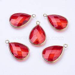 Golden Tone Brass Glass Teardrop Pendants, Faceted, Orange Red, 18x10x5mm, Hole: 2mm(GLAA-M006-A-04G)