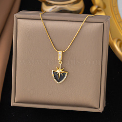 304 Stainless Steel & Rhinestone & Enamel Pendant Necklaces for Women, Star with Shield, Golden, 15.98 inch(40.6cm)(NJEW-G157-03G)