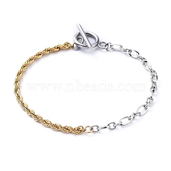 304 Stainless Steel Chain Bracelets, with Rope Chains, Figaro Chains and Toggle Clasps, Golden & Stainless Steel Color, 7-1/4 inch(18.4cm)(BJEW-JB05238)