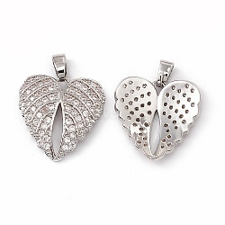 Brass Micro Pave Cubic Zirconia Pendants, with Glass Rhinestone, Heart Wing Charm, Platinum, 18.5x18x3mm, Hole: 5.5x3mm(X-KK-E068-VC039)