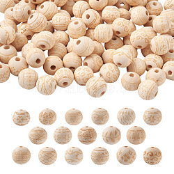 Cheriswelry 100Pcs 10 Style Unfinished Natural Wood European Beads, Large Hole Beads, for DIY Painting Craft, Laser Engraved Pattern, Round, Antique White, 16x14.5mm, Hole: 4mm, 10pcs/style(WOOD-CW0001-03)