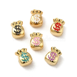 Rack Plating Real 18K Gold Plated Brass Enamel Beads, Cadmium Free & Lead Free, Money Bag with Dollar Sign, Mixed Color, 11x9x8.5mm, Hole: 2mm(KK-Q795-04G)