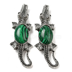 Dual-use Items Alloy Crocodile Brooch, with Synthetic Malachite, Antique Silver, 67.5x24x10mm, hole: 4x3.5mm(JEWB-C026-01H-AS)