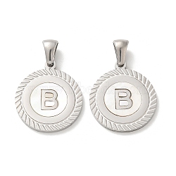 304 Stainless Steel Pendants, Flat Round Shell Charms with Letter, Stainless Steel Color, Letter B, 20.5x17.5x1.5mm, Hole: 2.5x4.5mm(STAS-I204-B-P)