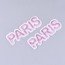 Computerized Embroidery Cloth Iron on/Sew on Patches, with Paillette/Sequins, Appliques, Costume Accessories, Word Paris, Pearl Pink, 33x101x1.5mm(X-FIND-T030-298)