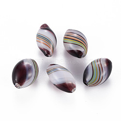 Transparent Handmade Blown Glass Globe Beads, Stripe Pattern, Oval, Coconut Brown, 17~18x10~12mm, Hole: 1~2mm(X-GLAA-T012-10)