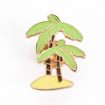 Alloy Enamel Brooches, Enamel Pins, with Brass Butterfly Clutches, Coconut Tree, Cadmium Free & Nickel Free & Lead Free, Light Gold, Lime, 30x22mm, Pin: 1mm