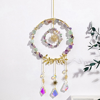Wire Wrapped Natural Fluorite Chips Ring Pendant Decoration, Hanging Suncatchers, with Metal Sun Link and Glass Leaf Charm, for Home Decoration, 440mm