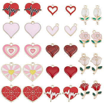 56Pcs 14 Style Alloy Enamel Pendants, Rose/Heart/Tulip, for Valentine's Day, Mixed Color, 14~22.5x11.5~25x1~3.5mm, Hole: 1.5~2mm, 4pcs/style