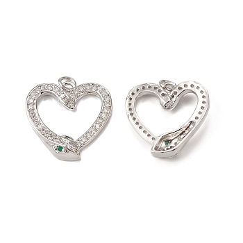 Brass Micro Pave Cubic Zirconia Pendants, with Jump Ring, Heart with Snake Charm, Platinum, 22x22x4.5mm, Hole: 3mm