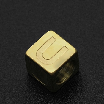 201 Stainless Steel European Beads, Large Hole Beads, Horizontal Hole, Cube, Golden, Letter.U, 7x7x7mm, Hole: 5mm