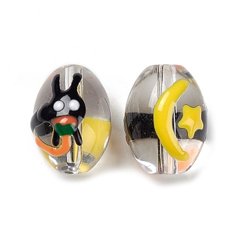 Transparent Glass Beads, with Enamel, Oval with Star & Rabbit, Black, 16x12.5mm, Hole: 1.6mm