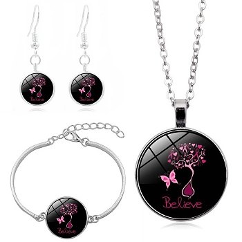 October Breast Cancer Pink Awareness Ribbon Glass Jewelry Set, Alloy Dangle Earrings & Link Bracelet & Pendant Necklace, Black, 450mm, 38x14mm, 160mm