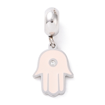 304 Stainless Steel European Dangle Charms, Large Hole Pendants, with Crystal Rhinestone and Enamel, Hamsa Hand/Hand of Miriam, Stainless Steel Color, Pink, 24mm, Hole: 4.5mm, Pendant: 15x11x1.5mm