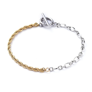 304 Stainless Steel Chain Bracelets, with Rope Chains, Figaro Chains and Toggle Clasps, Golden & Stainless Steel Color, 7-1/4 inch(18.4cm)