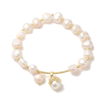 Natural Pearl & Brass Tube Stretch Bracelets, with Teardrop Charms, Real 14K Gold Plated, Inner Diameter: 2 inch(5.1cm)