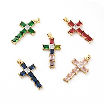 Rack Plating Brass Micro Pave Cubic Zirconia Pendants, Long-Lasting Plated, Lead Free & Cadmium Free, Cross, Real 18K Gold Plated, Religion, Mixed Color, 34x18.5x5mm, Hole: 3.5x4mm