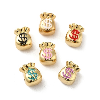 Rack Plating Real 18K Gold Plated Brass Enamel Beads, Cadmium Free & Lead Free, Money Bag with Dollar Sign, Mixed Color, 11x9x8.5mm, Hole: 2mm