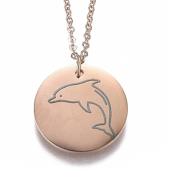 304 Stainless Steel Pendant Necklaces, with Lobster Claw Clasps, Flat Round with Dolphin, Rose Gold, 17-1/2 inch(44.5cm)