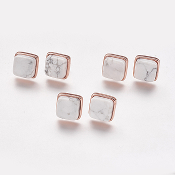 Natural Howlite Stud Earrings, with Brass Findings, Real Rose Gold Plated, Square, 12x12x4.5~6mm, Pin: 1mm