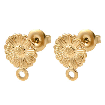 304 Stainless Steel Stud Earring Findings, Ion Plating(IP), Flower, with Loop, Real 18K Gold Plated, 13x9.5mm, Hole: 1.6mm, Pin: 11x0.8mm