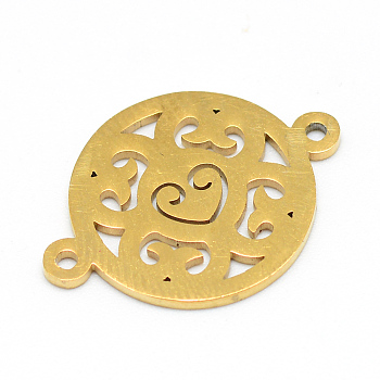 Vacuum Plating 201 Stainless Steel Connector Charms, Flat Round with Hollow Pattern, Golden, 20.5x15x1mm, Hole: 1.5mm