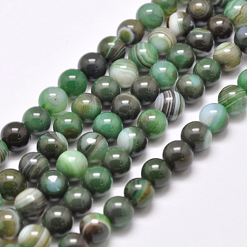 Natural Striped Agate/Banded Agate Bead Strands, Dyed & Heated, Round, Grade A, Lime Green, 8mm, Hole: 1mm, about 48pcs/strand, 15.1 inch(385mm)