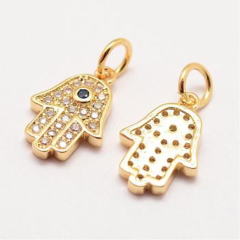 Brass Micro Pave Grade AAA Cubic Zirconia Charms, Long-Lasting Plated, Hamsa Hand/Hand of Fatima/Hand of Miriam, Cadmium Free & Nickel Free & Lead Free, Real 18K Gold Plated, 13x9x2mm, Hole: 3mm