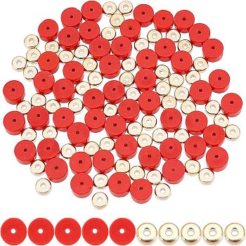 1 Strand Synthetic Turquoise Bead Strands, Heishi Beads, Imitation Red Coral, Flat Round/Disc, Dyed & 100Pcs CCB Plastic Spacer Beads, Flat Round, Red, 6x3mm, Hole: 1mm, about 119~131pcs/strand, 14.76~15.74 inch(37.5~40cm)
