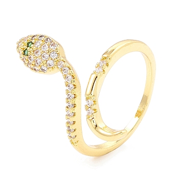 Cubic Zirconia Snake Open Cuff Ring, Real 18K Gold Plated Brass Jewelry for Women, Cadmium Free & Lead Free, Green, US Size 6 1/2(16.9mm)