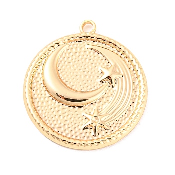 Rack Plating Brass Pendants, Flat Round with Moon & Star Charm, Real 18K Gold Plated, 25.5x23x2mm, Hole: 1.8mm