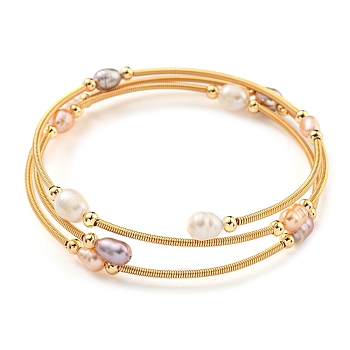 Four-Loops Brass & Natural Freshwater Pearl Beaded Wrap Bracelets for Women, Golden, Inner Diameter: 1-7/8 inch(4.8cm)