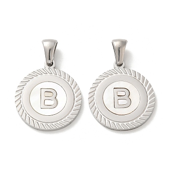 304 Stainless Steel Pendants, Flat Round Shell Charms with Letter, Stainless Steel Color, Letter B, 20.5x17.5x1.5mm, Hole: 2.5x4.5mm
