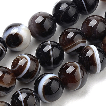Natural Striped Agate/Banded Agate Beads Strands, Dyed, Round, Coconut Brown, 12mm, Hole: 1mm, about 32pcs/strand, 14.96 inch(38cm)