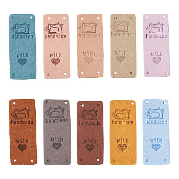 60Pcs 10 Colors Microfiber Leather Labels, Handmade Embossed Tag, with Holes, for DIY Jeans, Bags, Shoes, Hat Accessories, Rectangle with Sewing Machine, Mixed Color, 50x20mm, 6pcs/color