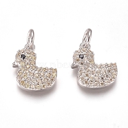 Brass Micro Pave Cubic Zirconia Charms, with Jump Rings, Duck, Clear & Black, Platinum, 12x10.5x3mm, Hole: 3mm(ZIRC-I038-10P)