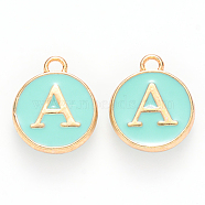 Golden Plated Alloy Enamel Charms, Cadmium Free & Lead Free, Enamelled Sequins, Flat Round with Letter, Turquoise, Letter.A, 14x12x2mm, Hole: 1.5mm(X-ENAM-S118-05A)