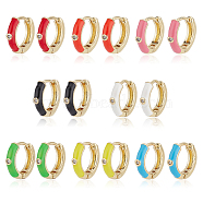 8 Pairs 8 Colors Real 18K Gold Plated Enamel Hoop Earrings with Clear Cubic Zirconia, Light Gold Brass Jewelry for Women, Mixed Color, 12.5x13.5x3mm, Pin: 1mm, 1 Pair/color(EJEW-AN0001-97)